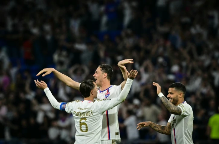 Les Lyonnais exultent après leur succès fou (4-3) face à Brest, le 14 avril 2024 au Groupama Stadium