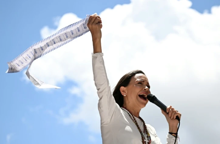 L'opposante vénézuélienne Maria Corina Machado, lors d'une manifestation à Caracas le 28 août 2024
