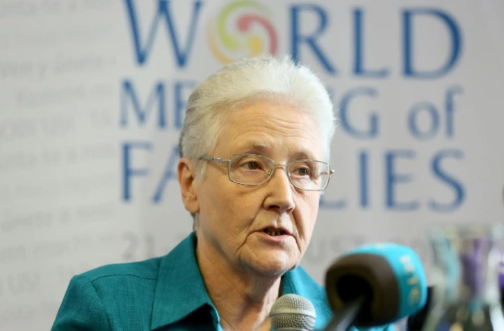 Ancienne victime d'abus sexuels de la part d'un prêtre, Marie Collins lors d'une table ronde lors de la Rencontre mondiale des familles organisée  par la Royal Dublin Society (RDS) à Dublin, le 24 août 2018