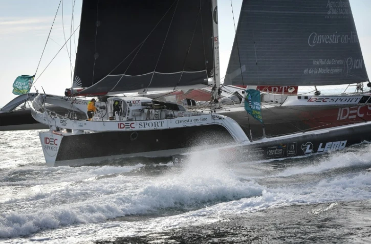 Le skipper français Françis Joyon (Ultim IDEC Sport) au départ de la Route du Rhum, à Saint-Malo, le 4 novembre 2018