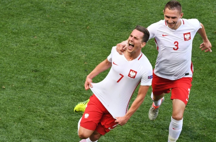 La joie du Polonais Arkadiusz Milik (g) exulte après son but contre l'Irlande du Nord, lors de l'Euro, le 12 juin 2016 à Nice