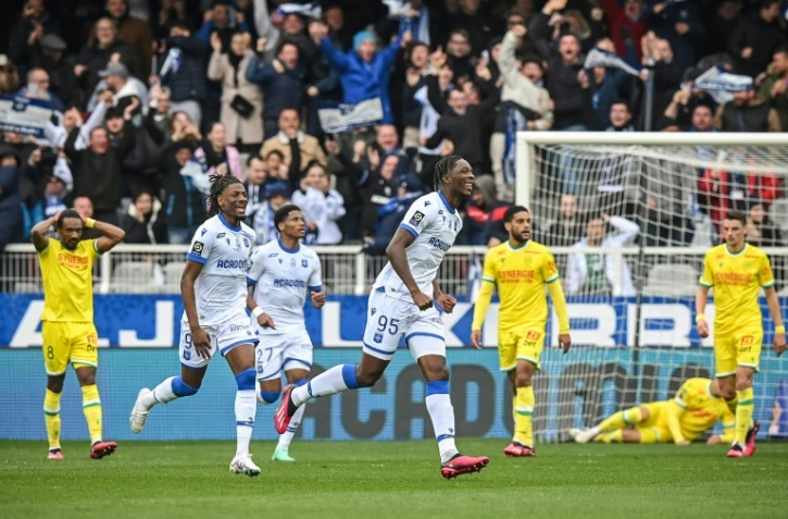 Les Auxerrois exultent après le but de Nuno Da Costa contre Nantes, le 16 avril 2023 au stade de l'Abbé-Deschamps