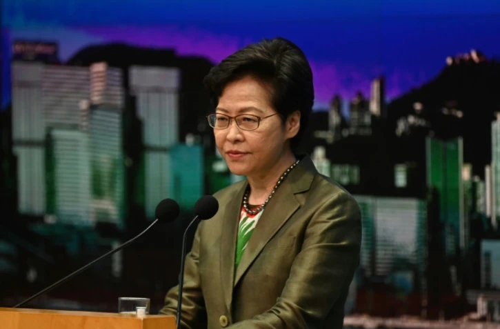 La cheffe de l'exécutif hongkongais Carrie Lam lors d'une conférence de presse, le 6 juillet 2021 à Hong Kong