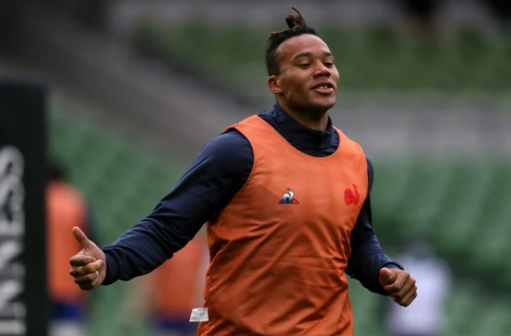 Teddy Thomas à l'échauffement avant le match du XV de France contre l'Irlande le 14 février 2021