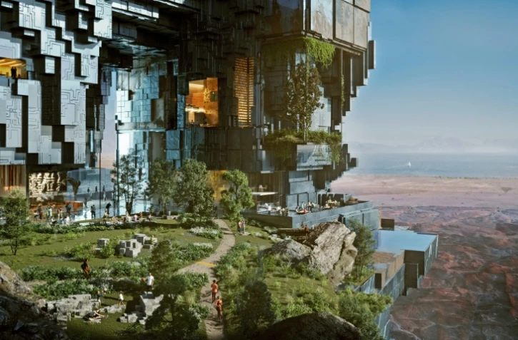 Photo fournie le 26 juillet 2022 par le projet de mégalopole futuriste NEOM montrant le plan de conception des structures parallèles de 500 mètres de haut, connues sous le nom de "The Line", au c&oelig;ur de la ville, sur la mer Rouge