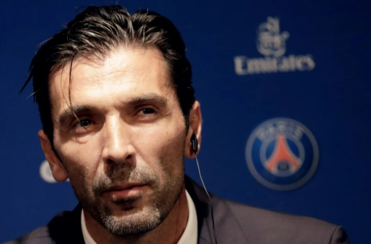 Le gardien de but italien Gianluigi Buffon lors de sa conférence de presse de présentation au Paris-Saint-Germain, le 9 juil 2018 au Parc des Princes 
