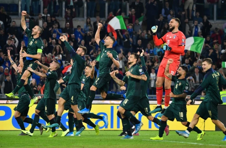 La joie des joueurs italiens, qualifiés pour l'Euro-2020 après leur victoire face à la Grèce, le 12 octobre 2019 à Rome