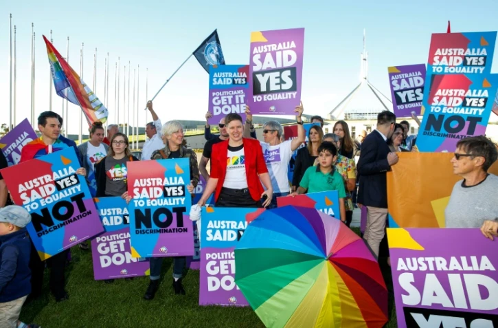 Rassemblement devant le Parlement australien avant le vote de la loi sur le mariage gay, le 7 décembre 2017 à Canberra