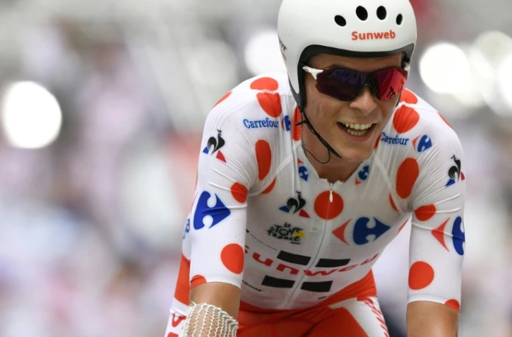 Le Français Warren Barguil avec le maillot à pois sur le Tour de France, le 22 juillet 2017