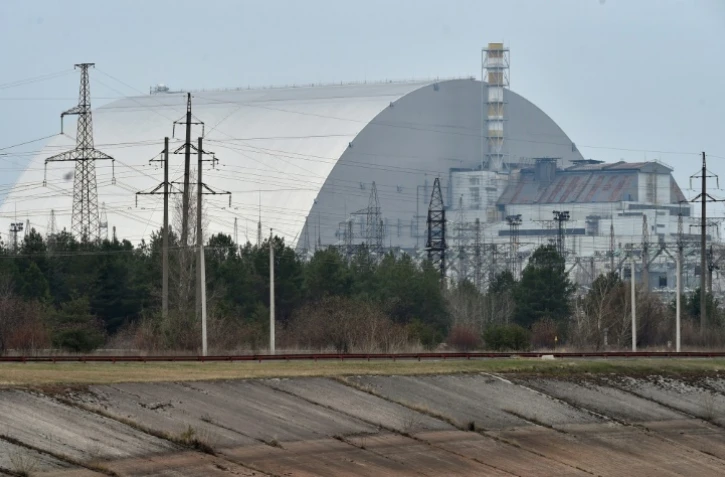 Le sarcophage du réacteur accidenté de la centrale de Tchernobyl, le 13 avril 2021