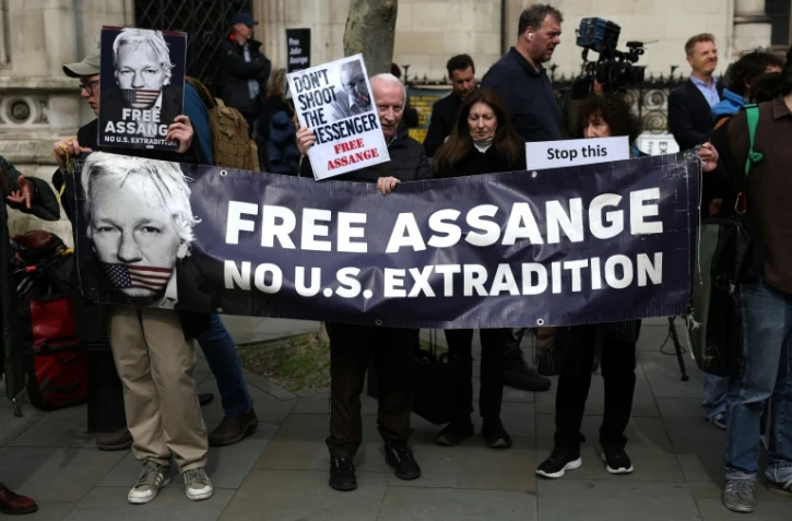 Manifestation de soutien Ă Julian Assange, fondateur de Wikileaks, devant la Haute Cour de Londres, le 26 mars 2024