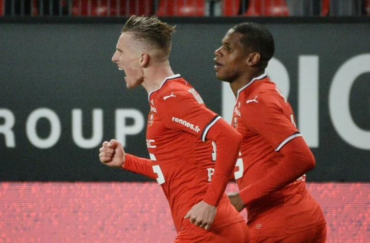 Le milieu de Rennes Benjamin Bourigeaud, exulte après avoir inscrit l'unique but face Lille au Roazhon Park, le 21 octobre 2017     