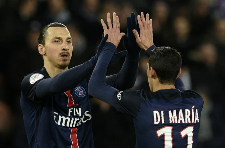 Les attaquants du PSG Zlatan Ibrahimovic et Angel Di Maria au cours du match face à Angers, au Parc des Princes le 23 janvier 2016