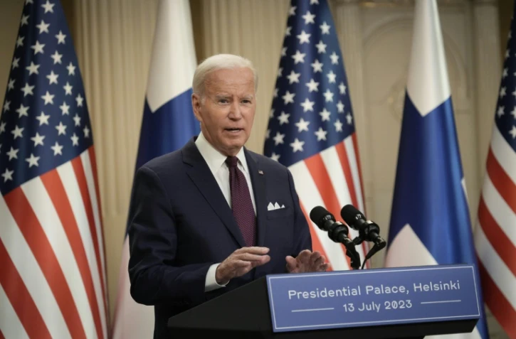 Le président américain Joe Biden lors d'une conférence de presse à Helsinki, le 13 juillet 2023 en Finlande