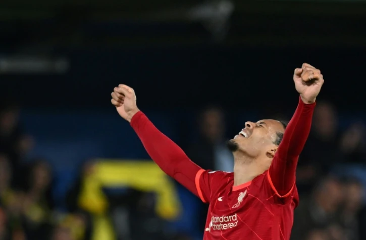 La joie du défenseur néerlandais Virgil van Dijk, après la qualification de  Liverpool pour la finale de la Ligue des Champions, après sa victoire, 3-2 (aller 2-0) sur le terrain de Villareal, le 3 mai 2022