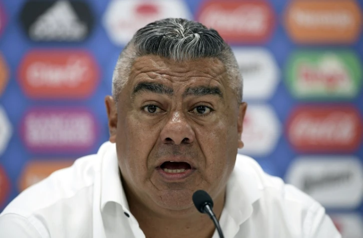 Le président de la Fédération argentine de football, Claudio Tapia, en conférence de presse, le 24 juin 2018 à Bronnitsy, près de Moscou