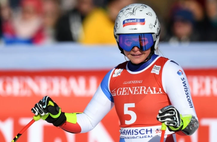 La Suissesse Corinne Suter à l'arrivée du super-G de Garmisch-Partenkirchen, le 9 février 2020  