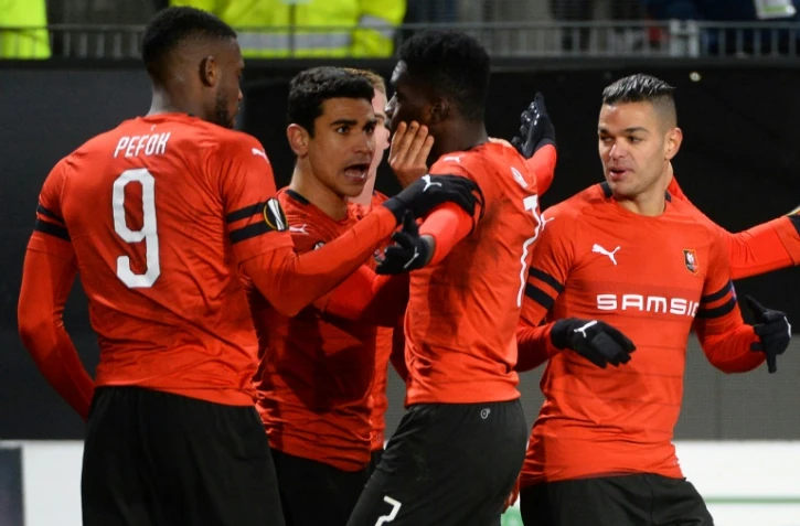 Ismaila Sarr (N.7) qualifie le Stade rennais, grâce à son doublé contre le FC Astana en Ligue Europa, le 13 décembre 2018 au Roazhon Park