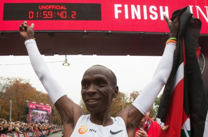 Le Kényan Eliud Kipchoge, le 12 octobre 2019 à Vienne après son passage sous la barre des deux heures au marathon