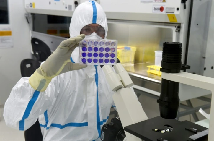 Un technicien examine une plaque de cellules infectées par le virus du Sars-Cov-2 au laboratoire de la société de biotechnologie Valneva, le 30 juillet 2020 à Saint-Herblain, près de Nantes