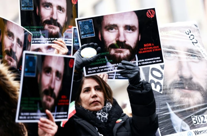 Manifestation pour réclamer la libération de l'humanitaire belge Olivier Vandecasteele écroué en Iran, le 22 janvier 2023 à Bruxelles