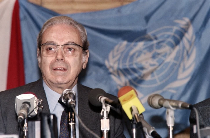 Javier Perez de Cuellar, secrétaire général de l'ONU, à Mexico le 22 janvier 1987