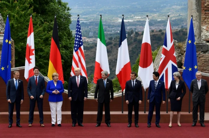 Photo de famille lors du dernier sommet du G7 réunissant les dirigeants des pays les plus riches du monde et ceux de l'Union européenne, le 26 mai à Taormine, en Italie