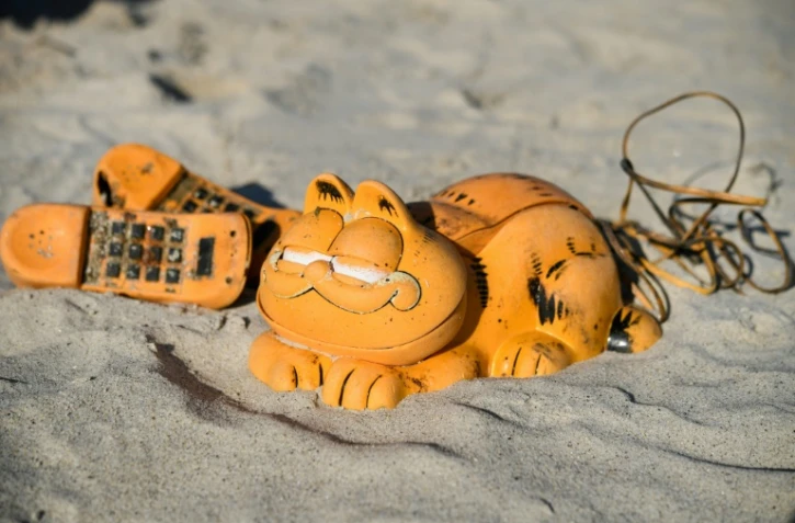 Un téléphone Garfield échoué sur le sable de Bretagne, le 28 mars 2019