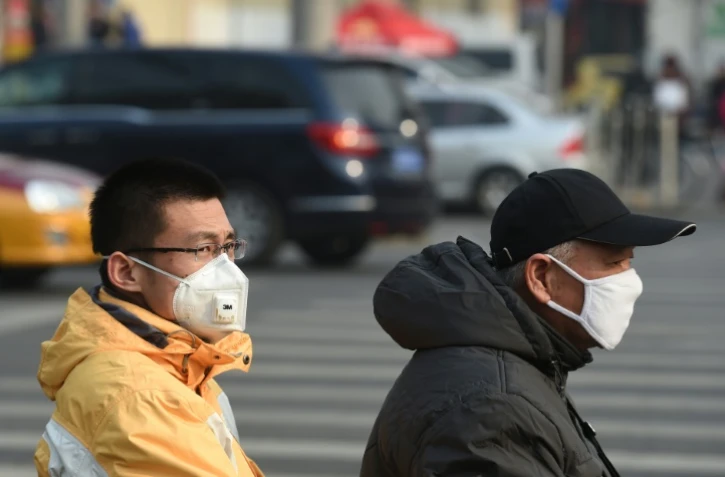Deux Chinois portent des masques anti-pollution à Pékin le 19 décembre 2015