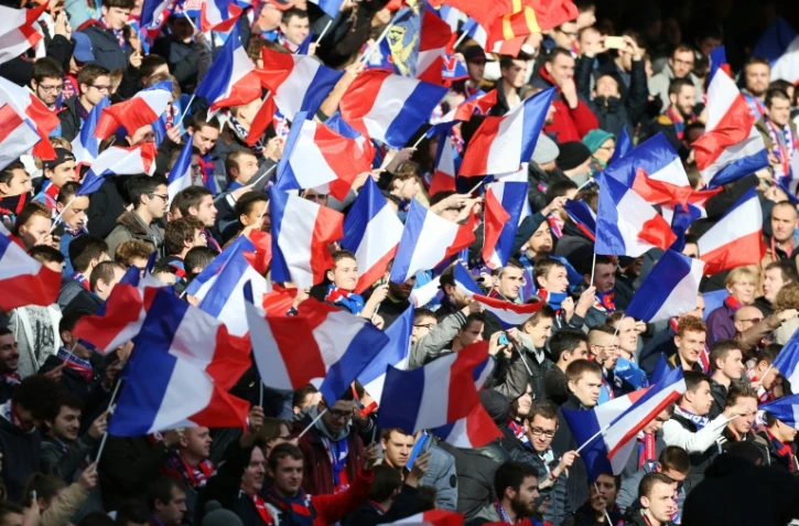Supporteurs agitant le drapeau français lors du match de L1 Caen-Angers, le 22 novembre 2015 à Caen 