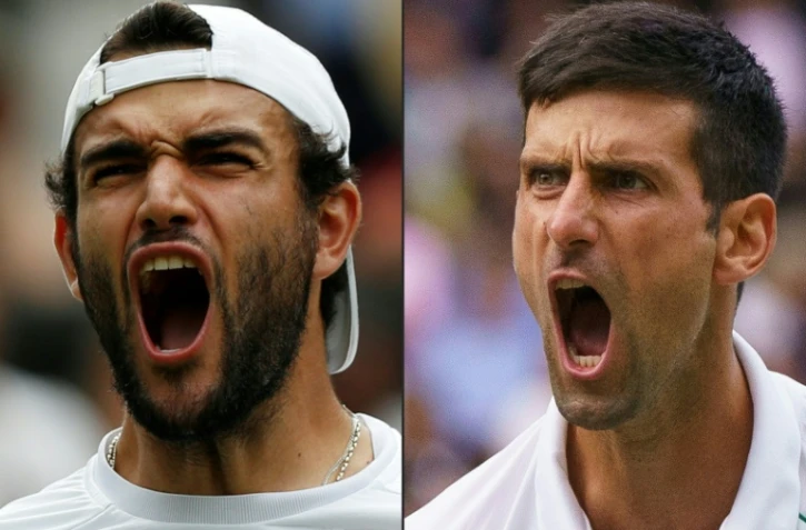 Combophoto représentant  l'Italien Matteo Berrettini et le Serbe Novak Djokovic, le 10 juillet 2021, veille de leur finale du tournoi de Wimbledon à Londres
