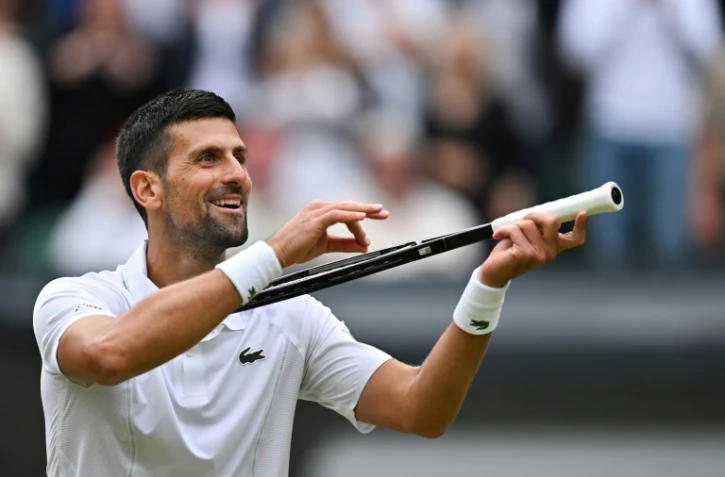 Le Serbe Novak Djokovic vainqueur de l'Italien Lorenzo Musetti en demi-finale de Wimbledon, le 12 juillet 2024 Ă Londres