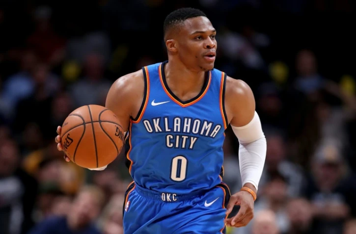 Le meneur du Thunder d'Oklahoma City, Russel Westbrook, lors d'un match à Denver, dans le Colorado, le 10 octobre 2017