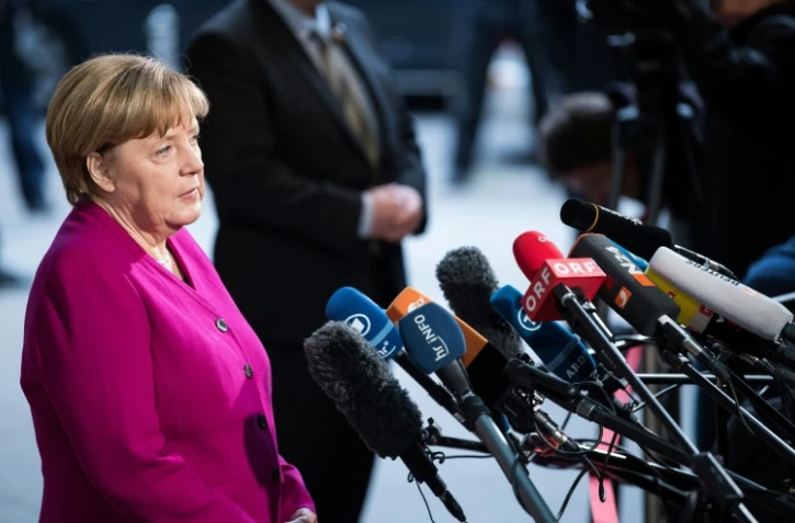 La chanceliÚre allemande Angela Merkel s'exprime devant la presse avant une réunion politique le 7 janvier 2018, à Berlin