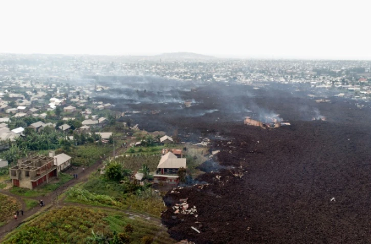 Vue aérienne de la coulée de lave qui a englouti les environs de Goma, le 23 mai 2021 en RDC