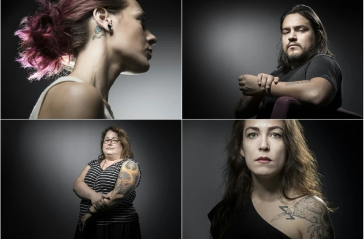 Photo montage créé le 25 juillet 2017 de victimes des attentats de Paris qui montrent leurs tatouages: (de G à D à partir du haut): Ludmila Profit, David Fritz Goeppinger, Stéphanie Zarev et Laura Levêque,