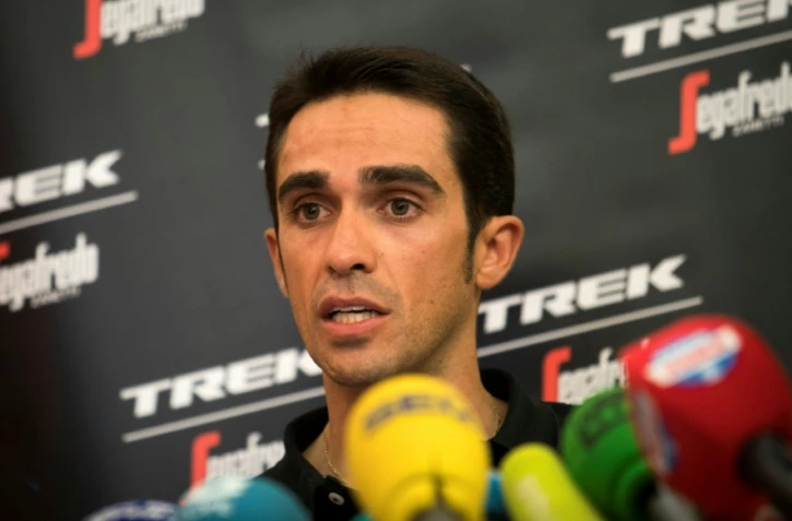Le coureur espagnol Alberto Contador lors d'une conférence de presse, le 18 août 2017 à Nîmes