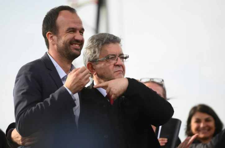 Manuel Bompard et le leader de La France Insoumise (LFI), le 27 mars 2022 à Marseille