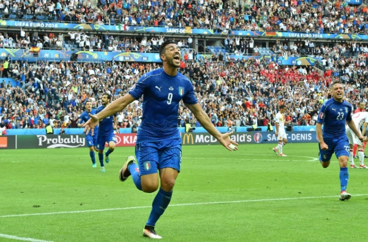 L'attaquant italien Graziano Pellè, auteur du 2e but de son équipe face à l'Espagne en 8e de finale de l'Euro au Stade de France