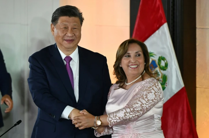 Le président chinois Xi Jinping et la présidente péruvienne Dina Boluarte se serrent la main lors d'une réunion au palais du gouvernement à Lima, le 14 novembre 2024