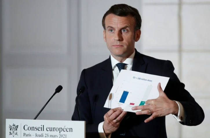 Le président Emmanuel Macron lors d'une conférence de presse consacrée au Covid-19, le 25 mars 2021 à Paris