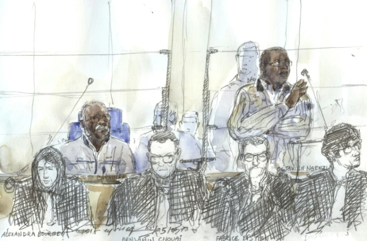 Croquis d'audience montrant les anciens bourgmestres rwandais Tito Barahira et Octavien Ngenzi, le 2 mai 2018, à la cour d'appel de Paris
