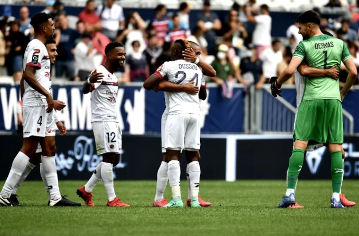 La joie des Clermontois, après leur victoire, 2-0 face à Bordeaux, lors de la 1ère journée de L1, le 8 août 2021 au stade Matmut-Atlantique