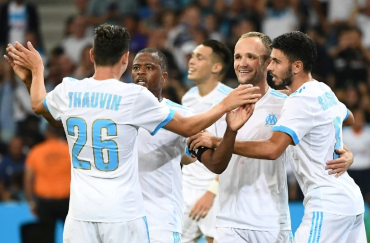 La joie des joueurs de l'OM se congratulent après un but de Valère Germain face aux Slovènes de Domzale, en barrage retour d'Europa League le 24 août 2017 au Vélodrome 