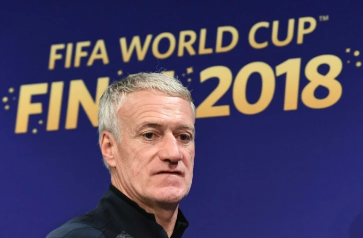 Le sélectionneur français Didier Deschamps en conférence de presse à Moscou le 14 juillet 2018 veille de la finale du Mondial face à la Croatie