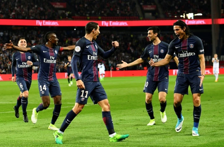 La joie des joueurs du PSG après un but contre Guingamp, le 9 avril 2017 au Parc des Princes