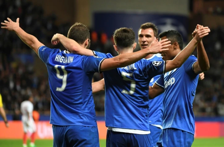 La joie des joueurs de la Juventus après le premier but de Gonzalo Higuain face à Monaco à Louis-II, le 3 mai 2017