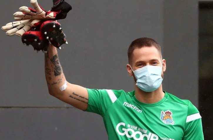 Le gardien de la Real Sociedad Alex Ramiro masqué à l'entraînement le 13 mai 2020 à Lasarte (Espagne)