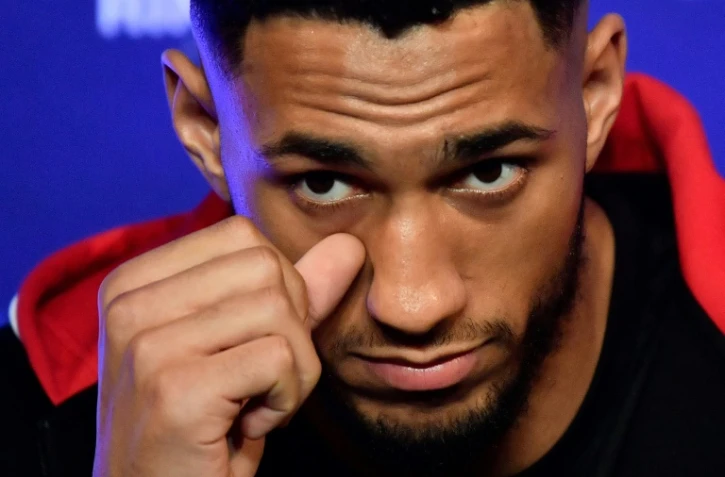 Tony Yoka lors d'une conférence de presse à Paris le 6 avril 2018