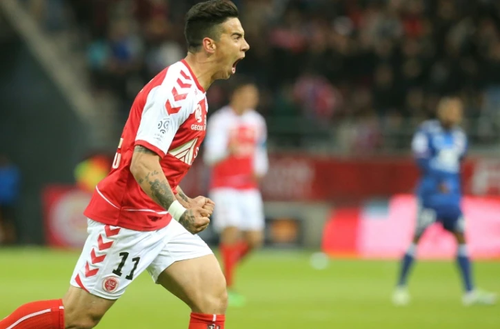 Diego après un but avec Reims lors d'un match contre Lyon, le 14 mai 2016 au stade Auguste Delaune